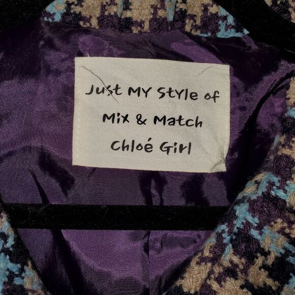 Chloe Houndstooth Plaid Tweed Purple Blue Girls Teen Jacket Coat Large or XL - Picture 9 of 12